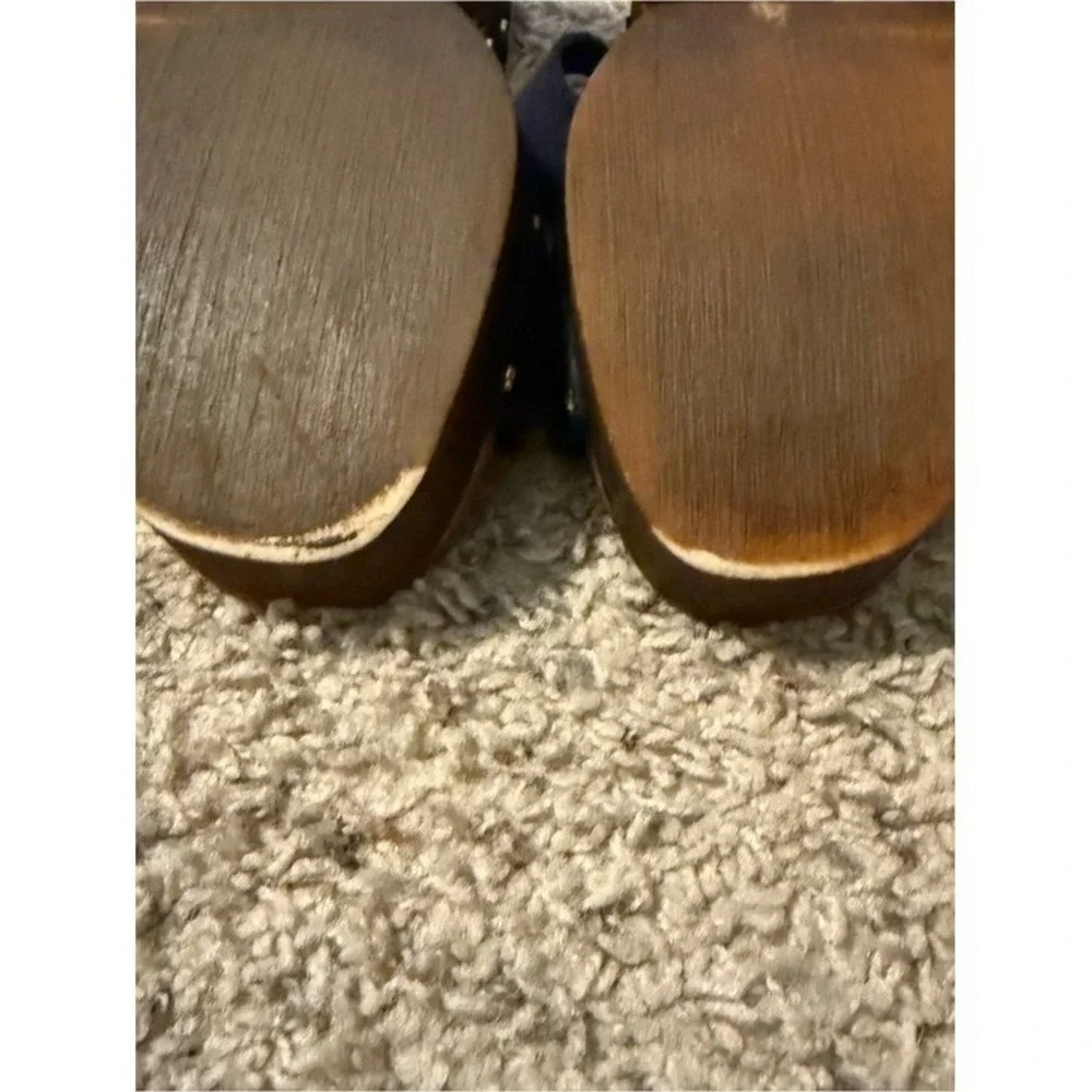 Navy Blue Suede Wooden Platform Slide Sandals Studded Block Heel Retro 70s Style